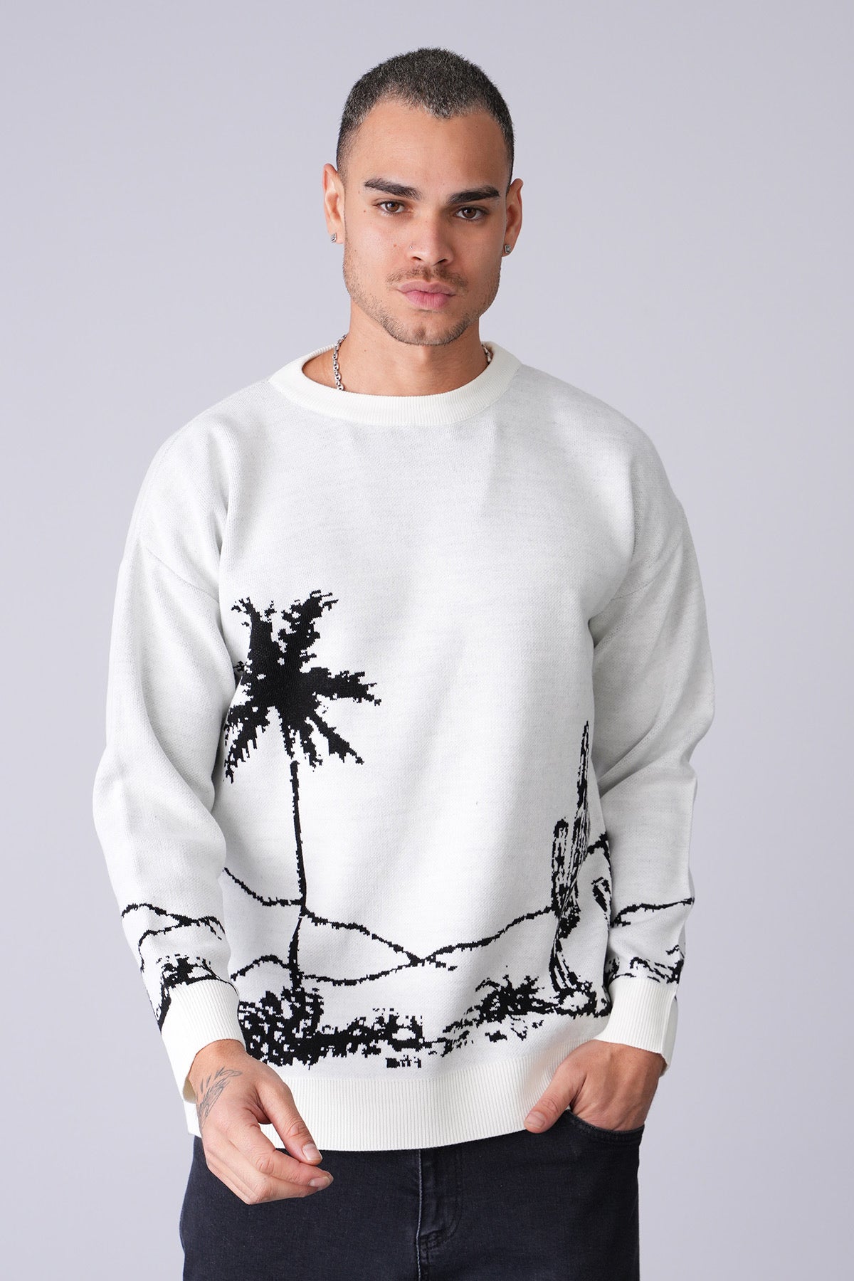 Pull Palmier noir blanc