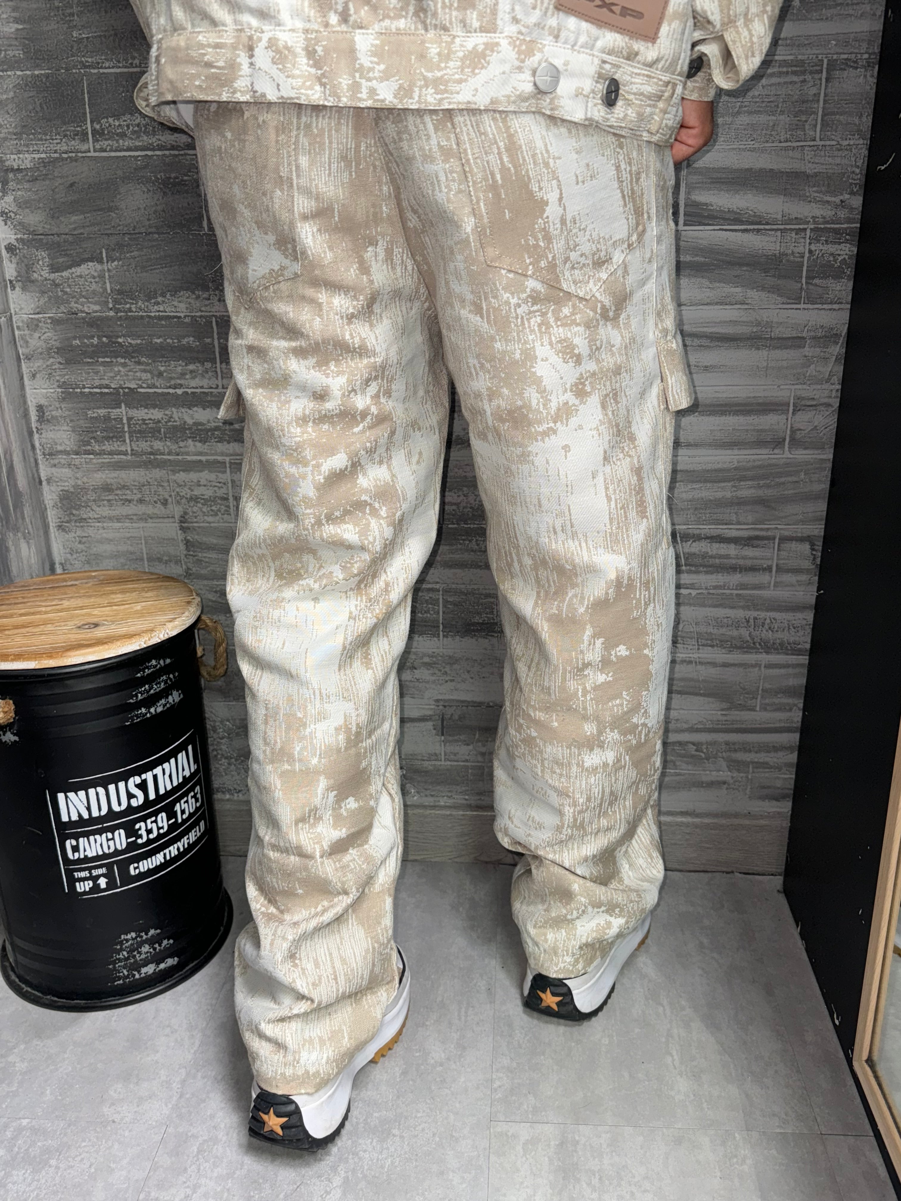 Pantalon à poches en toile abstrait beige blanc